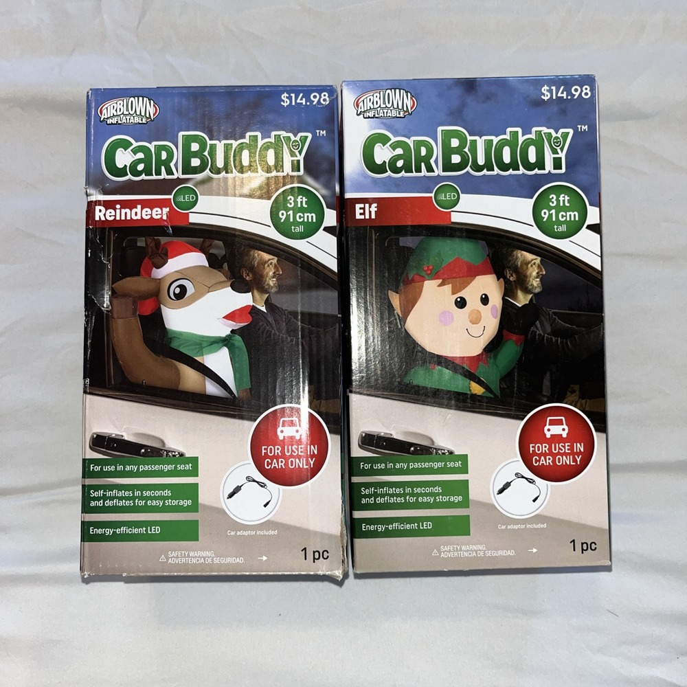 Reindeer And Elf Car‎ Buddy 3ft Airblown Inflatable LED Christmas Gemmy New
